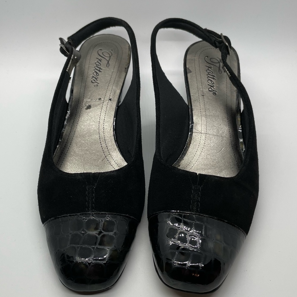 Trotters Dea Black Suede with Croc Toe and Heel Slingback